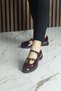 Burgundy Patent Leather Genuine Cowhide Double Strap Mary Jane Thick Heeled Casual Shoes - 6