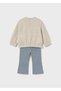 1-4 Years Old Baby Girl Two-Piece Set – Beige Ribbed Sweatshirt with Floral Detail and Blue Wide-Leg Leggings - 2