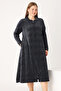 Women's Plus Size Navy Blue Patterned Long Sleeve Zippered Cotton Velvet Dress - 2