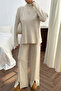 Women's Beige Knitwear Two-Piece Set – High Neck, Slit Wide Leg - 3