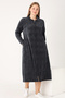 Women's Plus Size Navy Blue Patterned Long Sleeve Zippered Cotton Velvet Dress