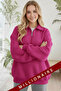 Women's Fuchsia Pink Half Zipper Polo Neck 3 Thread Fleece Lined Oversized Sweatshirt - 2