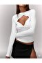Long Sleeve Ecru Fit Crop Blouse with Cutout Neckline and Low-Cut Detail