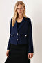 Women's Navy Blue Men's Collar Square Pocket Lined Crop Jacket Arm-26K001026 - 2
