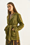 Women's Khaki Pocket Detailed Belted Suede Jacket 60283669 - 5