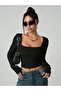 Women's Black Ribbed Knitted Fabric Long Sleeve Bodysuit