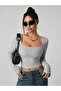Women's Ribbed Knitted Fabric 3-Pack Gray-Black-Beige Long Sleeve Bodysuit - 3