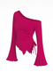 Women's Fuchsia Long Spanish Sleeve Asymmetrical Neck Side Tie Draped Blouse