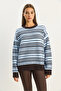 Women's Brown Blue Crew Neck Striped Oversize Knitwear Sweater 2524 60283680 - 3