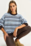 Women's Brown Blue Crew Neck Striped Oversize Knitwear Sweater 2524 60283680