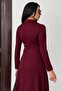 Women's Double Zip Long Sleeve Collar Detail Midi Modal Elegant Dress - 4