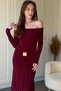 Off-The-Shoulder Midi Burgundy Dress with Gold Accessories and Waist Detail - 2