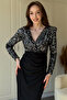 Sequined V-Neck Glitter Padded Elegant Midi Dress