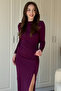Long Sleeve Sandy Fabric Backless Slit Midi Plum Dress - 2