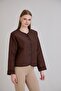 Women's Crew Neck Buttoned Padded Seasonal Brown Quilted Coat - 4