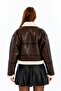 Women's Cropped Leather Jacket with Fur Inside and Buckle Detail, Short Bomber Coat, Winter Suede Look Pilot Coat, Burgundy - 7