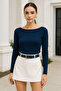 Women's Navy Blue Boat Neck Long Sleeve Blouse - 3