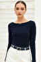 Women's Navy Blue Boat Neck Long Sleeve Blouse