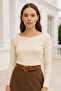 Women's Beige Boat Neck Long Sleeve Blouse - 3