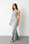 Women's Mint Green Halter Neck Slit Glitter Long Evening Dress - 2