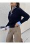 Women's Navy Blue Hair Knit Stone Buttoned Short Cardigan 30033 - 4