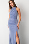Women's Indigo Halter Neckline Slit Silvery Long Evening Dress - 3