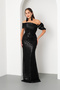 Women's Black Slim Fit Collar Detail Beaded Long Evening Dress - 2