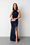 Women's Navy Blue Halter Neck Slit Silvery Long Evening Dress - 2