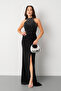 Women's Black Slim Fit Halter Neck Rhinestone Long Evening Dress - 2