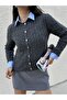 Women's Anthracite Hair Knitted Stone Buttoned Short Cardigan 30033