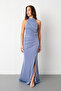 Women's Indigo Halter Neckline Slit Silvery Long Evening Dress - 2