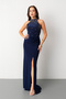 Women's Navy Blue Slim Fit Halter Neck Rhinestone Long Evening Dress - 2
