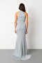 Women's Mint Green Halter Neck Slit Glitter Long Evening Dress - 6