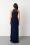 Women's Navy Blue Slim Fit Halter Neck Rhinestone Long Evening Dress - 6