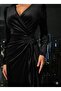 Women's Long Sleeve Double Breasted Collar Side Gathered Midi Velvet Dress - 3