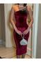 Stone Strap Midi Velvet Dress 583141 Claret Red - 4