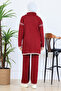 Zippered Collar Stripe Detail Knitwear Set S1061 Claret Red - 4