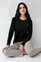 Women's Black Buttoned Long Sleeve Seasonal Pajama Set, 50% Cotton 50% Modal