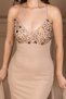 Tulle Stone Detailed Long Evening Dress with Drawstring Back - Bej - 2