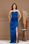 Saten Ruched Detail Strapless Long Evening Dress - Cobalt Blue