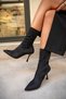 Prino Black Suede Thin Heeled Stretch Women's Boots