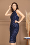 Beaded Halter Neck Tie-Detail Pencil Long Dress - Dark Blue - 3