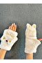 Plush Embroidered Cat Gloves with Open Fingers and Fur Inside - 2