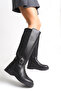 Black Diver Fabric Detailed Flexible Below-The-Knee Women's Riding Boots Thick Soled - 2
