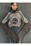 Knitted Tricot Motifed Tasseled High Neck Poncho Shawl