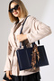 Navy Blue Women's Bag Large Size Zippered Leopard Scarf Detail - Cross Strap Shoulder and Hand Bag - 6
