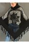 Knitted Tricot Motifed Tasseled High Neck Poncho Shawl - 2