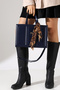 Navy Blue Women's Bag Large Size Zippered Leopard Scarf Detail - Cross Strap Shoulder and Hand Bag - 3