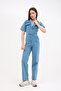 Short Sleeve V-Neck Detailed Jean Denim Jumpsuit - 5