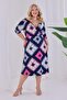 Women's Navy Blue Pink Geometric Pattern Double Breasted Collar Elastic Waist Plus Size Dress - 3